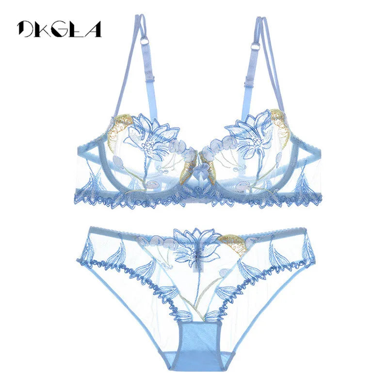 Flowers Embroidery Lingerie Set Lace Blue Transparent Underwear Set Women Sexy Hollow Out See Through Bra Pink [GRM] [UND]