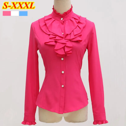 Pубашка женская White Blouse Roupas Femininas Long Sleeve Casual Shirt Elegant Ruffled Collar Office Lady Tops [WOM]