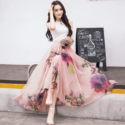 TingYiLi Long Floral Skirts Womens Holiday Beach Boho Skirt Summer Long Skirts Elegant Ladies Maxi Chiffon Skirt 8M Big Swing [WOM]