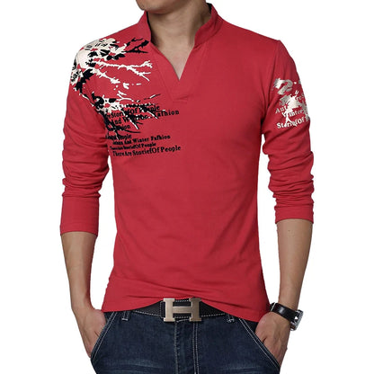 Autumn Men's T-Shirt Fashion Flower Print V Neck Long Sleeve T-Shirt Mens Clothes Trend Casual Top Tee Men 5XL [MEN]