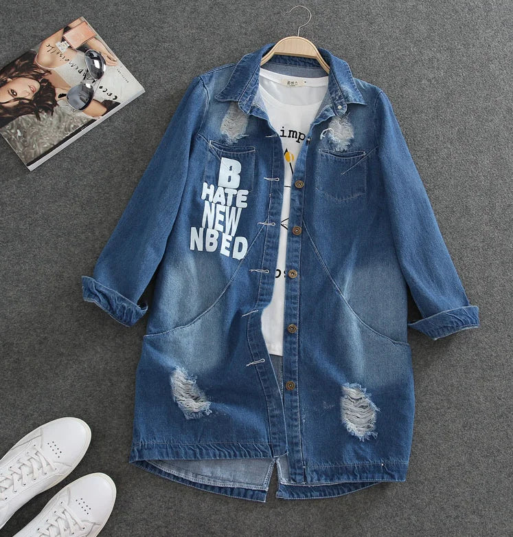 Ladies Denim Jackets Women's Spring Turn Down Collar Hole Long Sleeve Casual Denim Jacket Women's Jeans Coat Outerwear Plus Size 8XL [WOM]