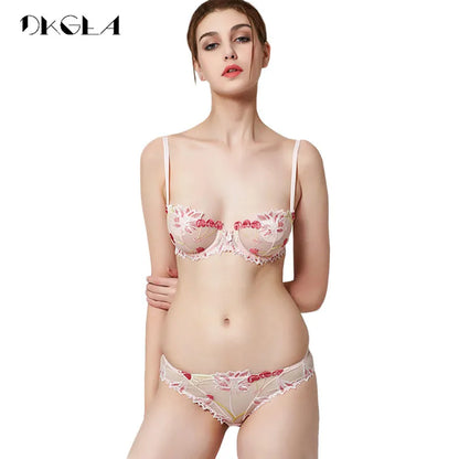 Flowers Embroidery Lingerie Set Lace Blue Transparent Underwear Set Women Sexy Hollow Out See Through Bra Pink [GRM] [UND]