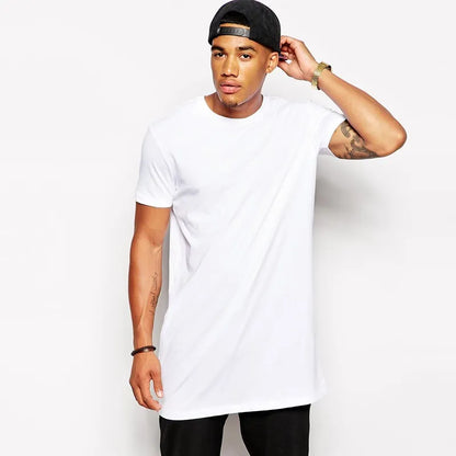 Men's Cotton Clothing White Long T-Shirt Hip Hop Men T-Shirt Extra Long Length Man Tops Tee Long Line Tshirt For Male [MEN]