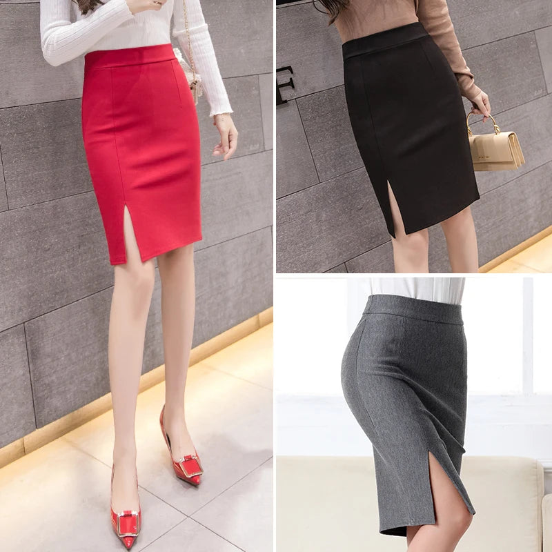 New Fashion Women Office Formal Pencil Skirt Spring Summer Elegant Slim Front Slit Midi Skirt Black/Gray/Red OL Skirts [WOM]