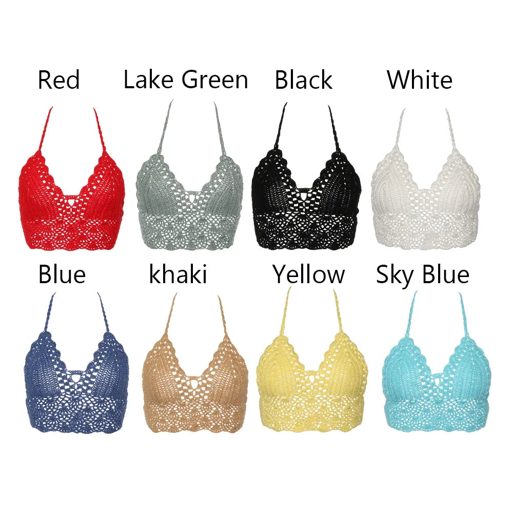 New Sexy Bikini Crop Top Women Crochet Boho Beach Camisoles Bikini Bralette Halter Cami Knitted Bra Backless Beachwear Tank Top [GRM] [UND]