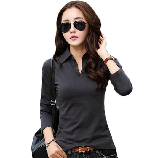 Rihschpiece Sexy Polo Shirt Women Black Long Sleeve shirt  Plus Size Tops Punk  Cotton Shirt Slim Clothes Polo RZF850 [WOM]