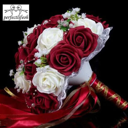 Perfectlifeoh Burgundy Wedding Bouquet Pink/Red/White/Royal Blue Bridal Bridesmaid  Artificial Flower Rose Bride [FLW]