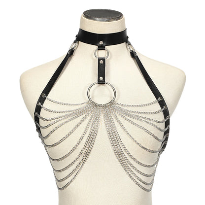 Goth Leather Body Harness Chain Bra Top Chest Waist Belt Witch Gothic Punk Fashion Metal Girl Festival Jewelry Accessories [GRM] [UND]