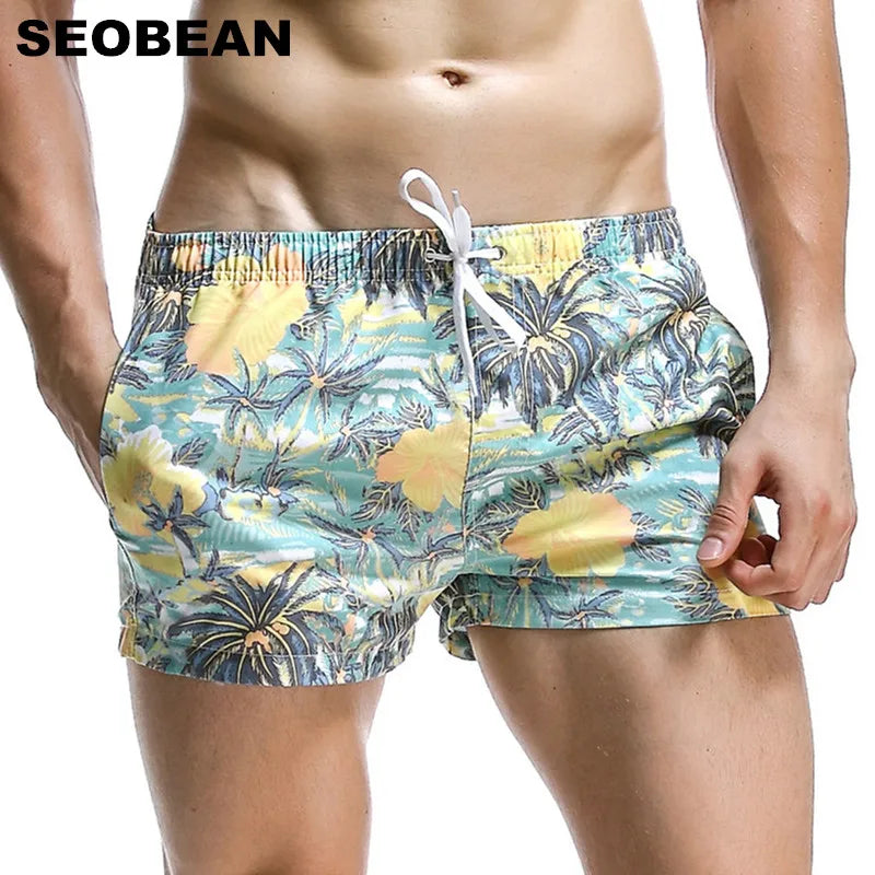 SEOBEAN Summer Hot Short Men Board Shorts Coconut Leaf Pattern Sea Beach Style Men's Shorts Men Quick Dry Shorts Trunks [MEN]