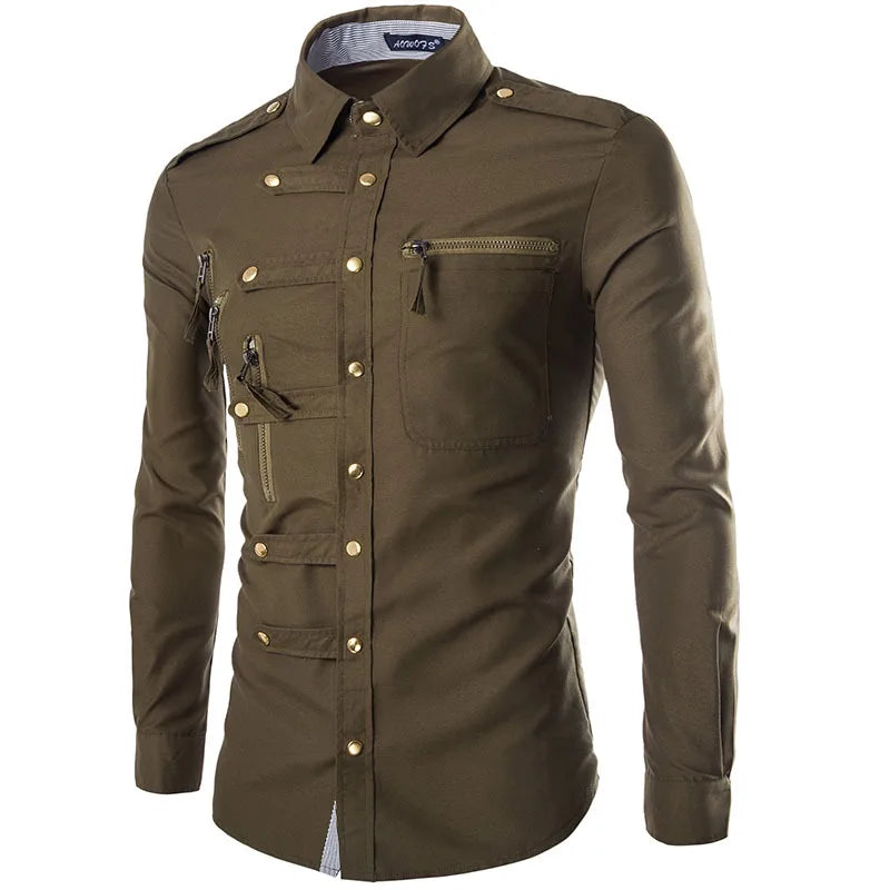 New Arrival Spring/Autumn Men Long Sleeve Cargo Shirt Casual Slim Fit Fashion Epaulet Double Pocket Mens Dress Shirt M L XL XXL [MEN]