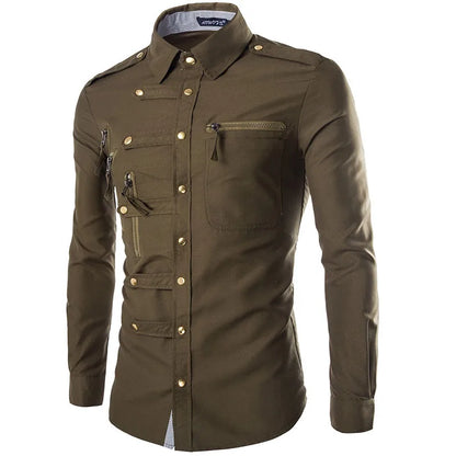 New Arrival Spring/Autumn Men Long Sleeve Cargo Shirt Casual Slim Fit Fashion Epaulet Double Pocket Mens Dress Shirt M L XL XXL [MEN]