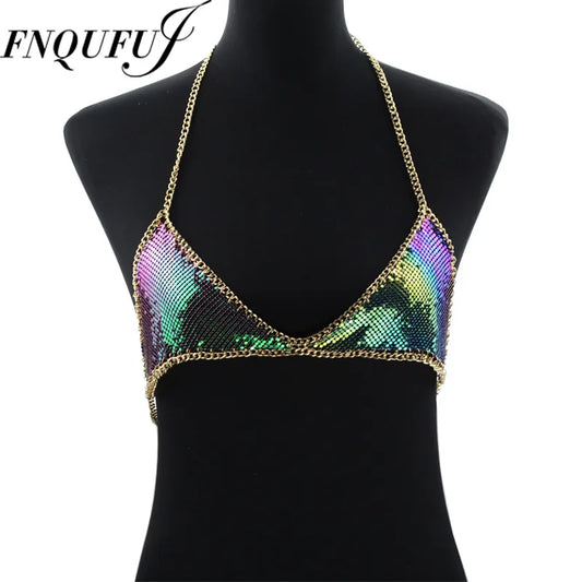 Mesh Sequin Body chain Bra Bikini Chain women Statement Metal bra chain bralette Beach Party Harness body jewellery [GRM] [UND]