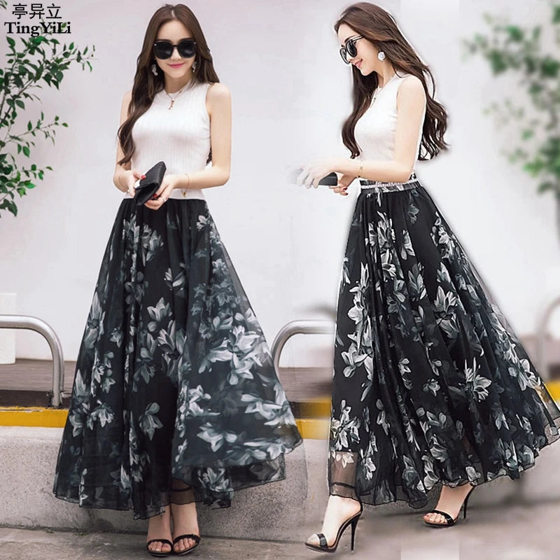 TingYiLi Long Floral Skirts Womens Holiday Beach Boho Skirt Summer Long Skirts Elegant Ladies Maxi Chiffon Skirt 8M Big Swing [WOM]