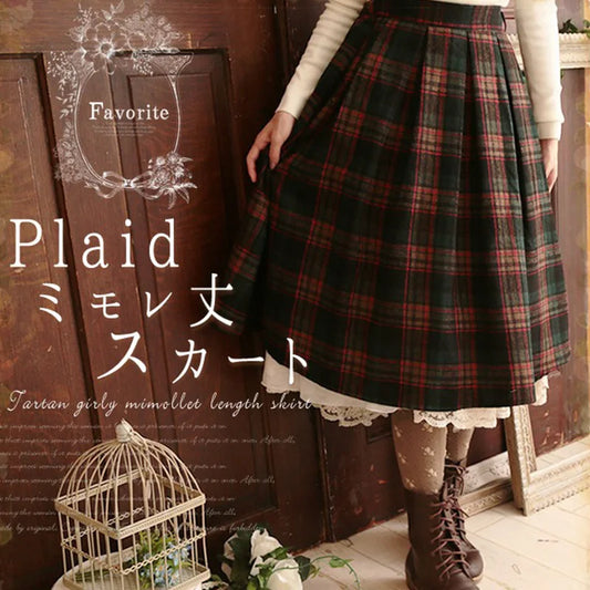 Japanese Mori Girl Spring Vintage Plaid Skirt Women's Clothing Retro Mid Calf Harajuku Elastic Waist Female Lovely Skirts V052 [WOM]