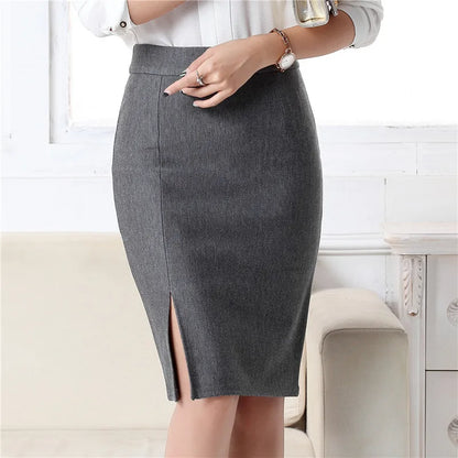 New Fashion Women Office Formal Pencil Skirt Spring Summer Elegant Slim Front Slit Midi Skirt Black/Gray/Red OL Skirts [WOM]