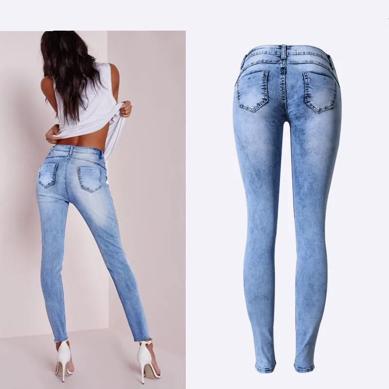 Summer Style Low Waist Sky Blue Patchwork Skinny Tights Women Pencil Jeans High Stretch Sexy Push Up Denim Women Fashion Jeans [WOM]