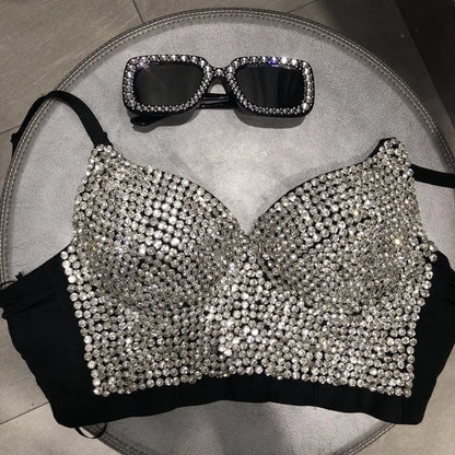 High-quality Hand-made Pearls Jewel Diamond beading Women's Sexy Bustier Bra Cropped sling Top Vest Bra bling [GRM] [UND]