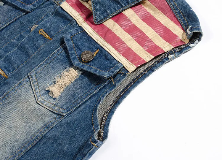 Mens Denim Vest Men Cowboy Ripped Sleeveless Vintage Jacket Tank Spring USA Flag washed Jeans Vest Plus Size 5XL [MEN]