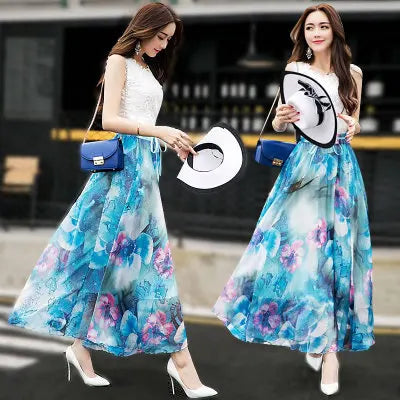 TingYiLi Long Floral Skirts Womens Holiday Beach Boho Skirt Summer Long Skirts Elegant Ladies Maxi Chiffon Skirt 8M Big Swing [WOM]