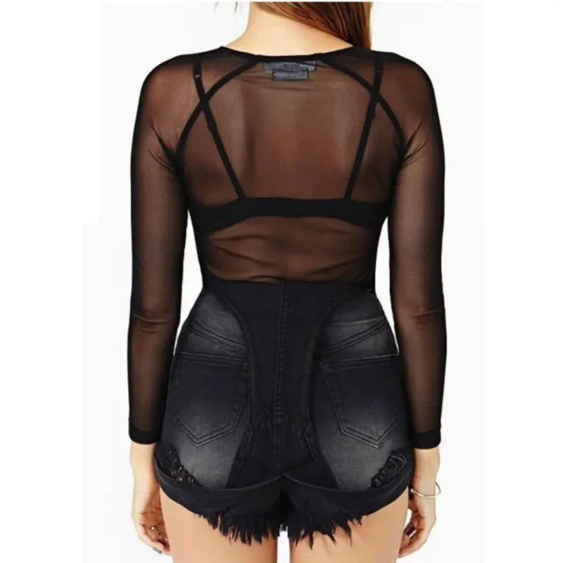 Hot New 2018 Spring Summer Womens Long Sleeve Sexy Black Mesh Top T Shirts Transparent Punk Club Streetwear Tees Beach Tops [WOM]