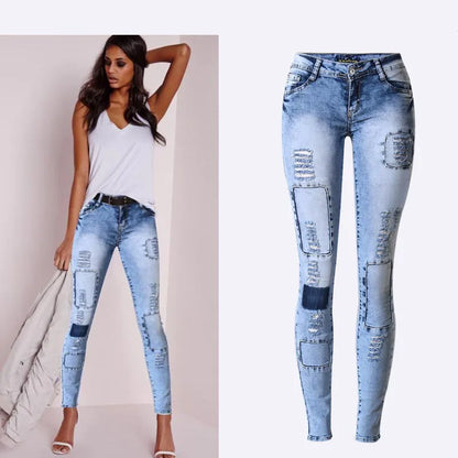 Summer Style Low Waist Sky Blue Patchwork Skinny Tights Women Pencil Jeans High Stretch Sexy Push Up Denim Women Fashion Jeans [WOM]