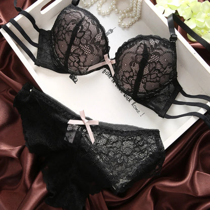 French original new sexy lace gathers under the thin thick black cup sexy adjustable underwear bra set [GRM] [UND]