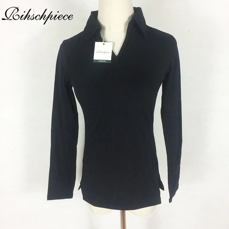 Rihschpiece Sexy Polo Shirt Women Black Long Sleeve shirt  Plus Size Tops Punk  Cotton Shirt Slim Clothes Polo RZF850 [WOM]