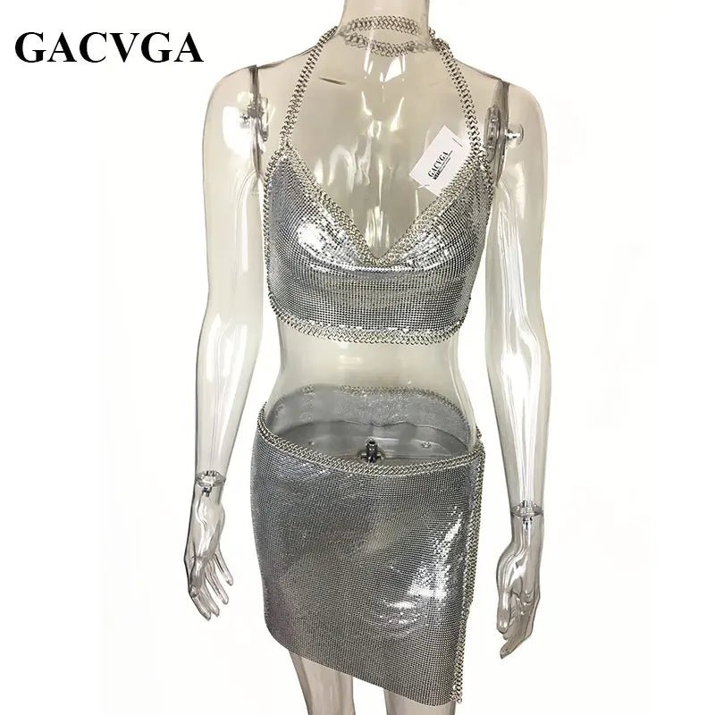 GACVGA Sexy Metal Beach Crop Top And Skirt Set Vacation Fitness T-Shirt Women Summer Tops Sequined Dress Suits Cropped Feminino [TSH]