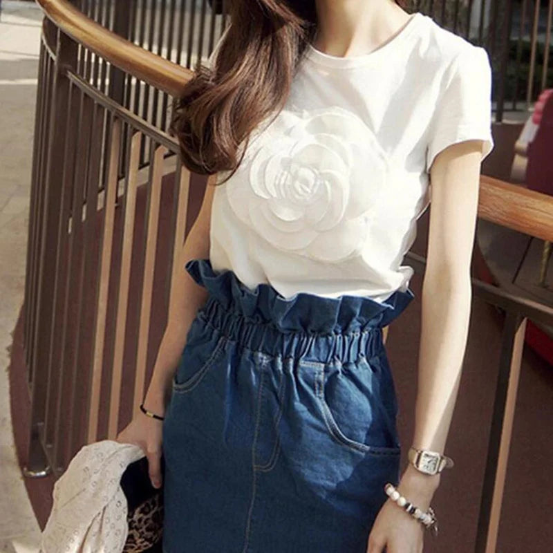 women's summer 3d camellia embroidery luxury  T-shirt ladies fashion tops slim casual tee shirts female [WOM]