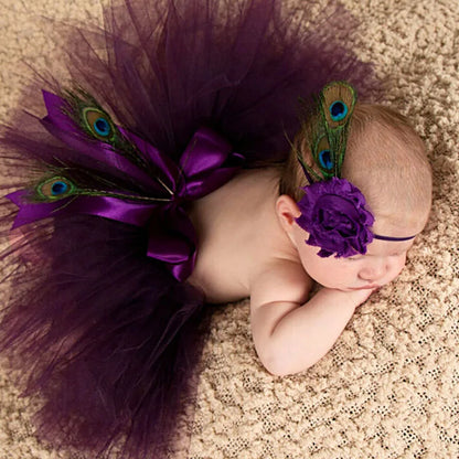 Princess Plum Peacock Feather Tutu Skirt with Vintage Headband Newborn Photography Props Baby Tutu Shower Gift TS035 [PHO]