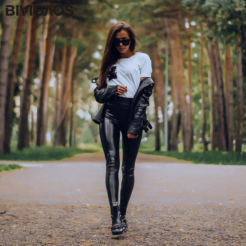 BIVIGAOS Fall Winter Women's Fleece Black Leather Pants Female PU Leggings Slim Skinny High Waist PU Leggings Trousers For Women [WOM]