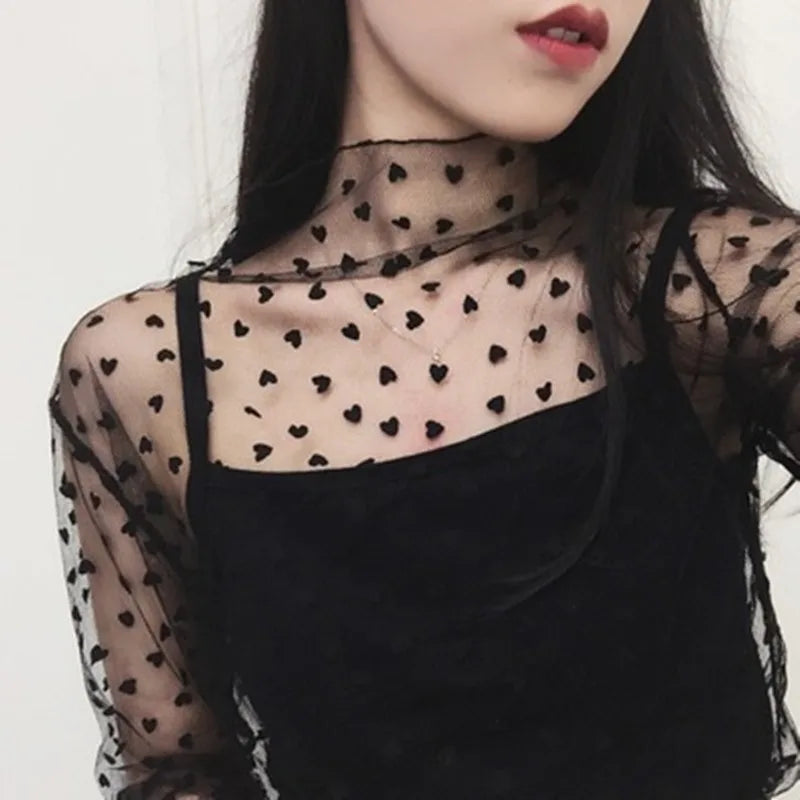 Ruoru Women Sexy Harajuku Mesh Tops Net See-Through T Shirt Transparent Undershirt Star Base Top Camisas Femininas Clubwear [WOM]