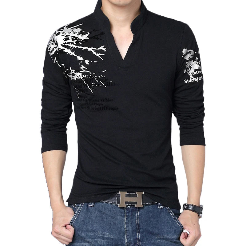 Autumn Men's T-Shirt Fashion Flower Print V Neck Long Sleeve T-Shirt Mens Clothes Trend Casual Top Tee Men 5XL [MEN]