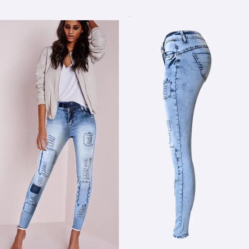 Summer Style Low Waist Sky Blue Patchwork Skinny Tights Women Pencil Jeans High Stretch Sexy Push Up Denim Women Fashion Jeans [WOM]