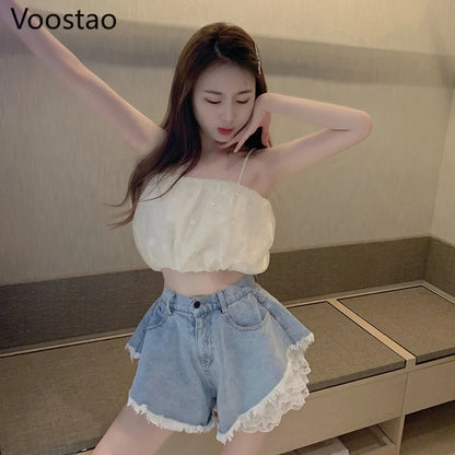 Sweet Lolita Style Lace Shorts Summer Women Harajuku Chic High Waist Denim Short Pants Female Streetwear Sexy Punk Hip Hop Jeans [LOL]