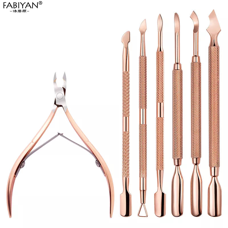 Stainless Steel Double Head Nail Art Dead Skin Pusher Cuticle Nipper Scissors Manicure Set Rose Gold UV Gel Remove 2/4Pcs/Set [BEU]