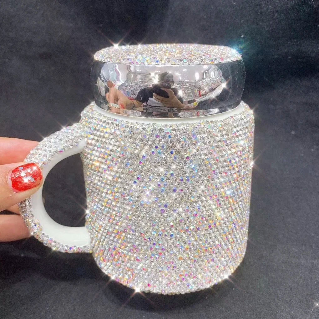 Sparkling Coffee Mug with Lid Ceramic Crystal Rhinestones Tumbler Cup Long Distance Relationship Gifts Milk Water Cups Cute [MUG]