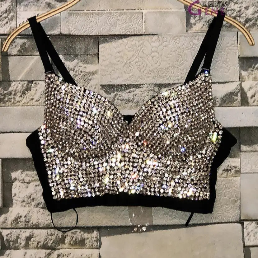 High-quality Hand-made Pearls Jewel Diamond beading Women's Sexy Bustier Bra Cropped sling Top Vest Bra bling [GRM] [UND]