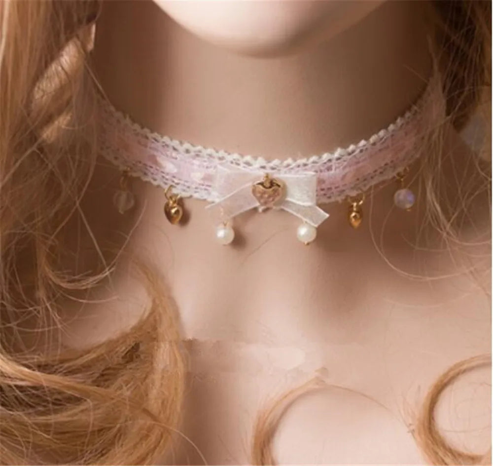 Handmade Pendant Necklace Lolita Princess Gothic Pink Series Collar Pearl Butterfly Knot Soft Sister Heart Day Choker B795 [LOL]