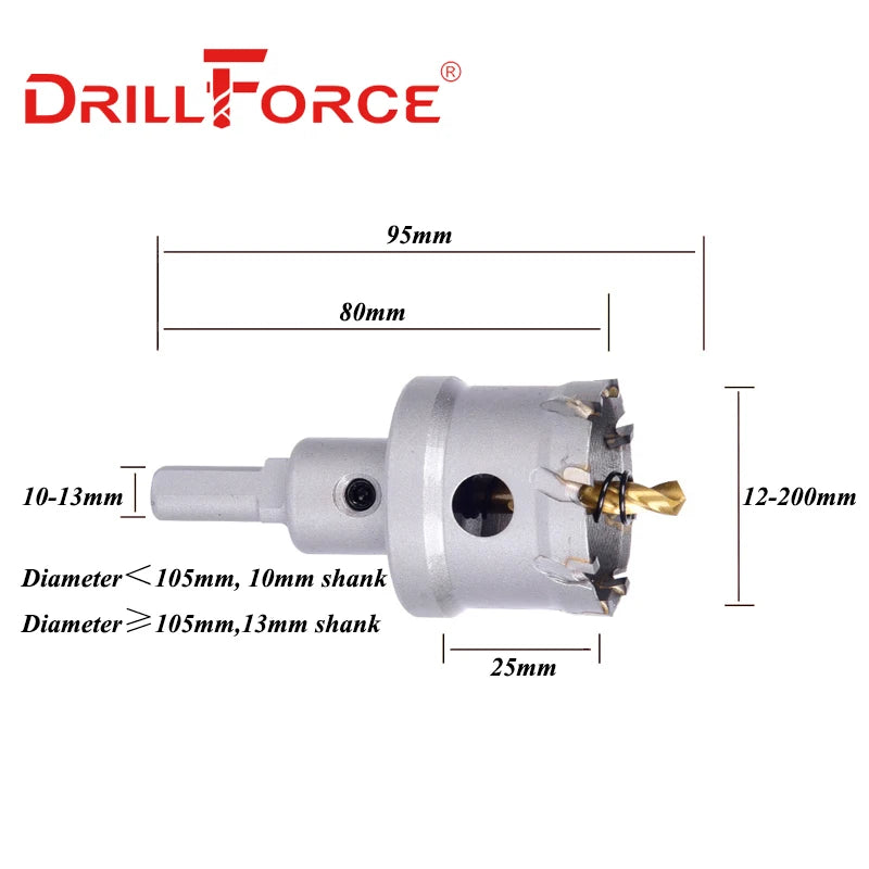 Drillforce 12-200mm TCT Hole Saw Drill Bits Alloy Carbide Cobalt Steel Cutter Stainless Steel Plate Iron Metal Cutting Kit [PTO]