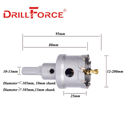 Drillforce 12-200mm TCT Hole Saw Drill Bits Alloy Carbide Cobalt Steel Cutter Stainless Steel Plate Iron Metal Cutting Kit [PTO]