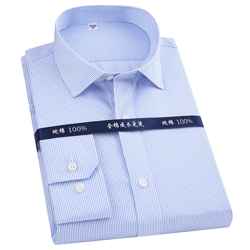 Men's Classic Long Sleeve Striped Dress Shirt Non Iron Regular Formal Business Social Button-up Easy Care Luxury Cotton Shirts [MEN]