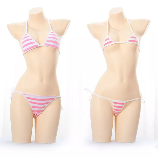 Japanese Sexy Lingerie Lolita Kawaii Blue Pink White Striped Mini Bikini Adult Cosplay Erotic Costumes Bra Women Underwear Set [GRM] [UND]