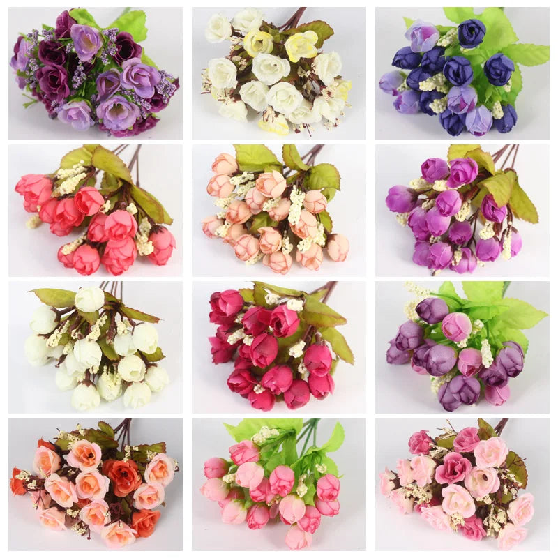 Autumn 15 Heads/Bouquet Small Bud Roses Bract Silk Artificial Flower DIY Wedding Home Christmas Decor Floral Gifts Photo Props [FLW]