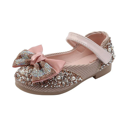 New Children Leather Shoes Rhinestone Bow Princess Girls Party Dance Shoes Baby Student Flats Kids Performance Shoes D785 [SHO]