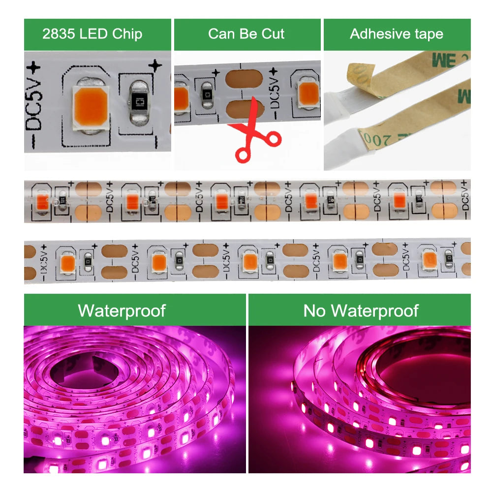 DC 5V USB Full Spectrum LED Grow Lamp USB Plant Strip SMD2835 0.5M 1M 2M 3M Waterproof Lights for Indoor Plant Flower Seedling [GAR]