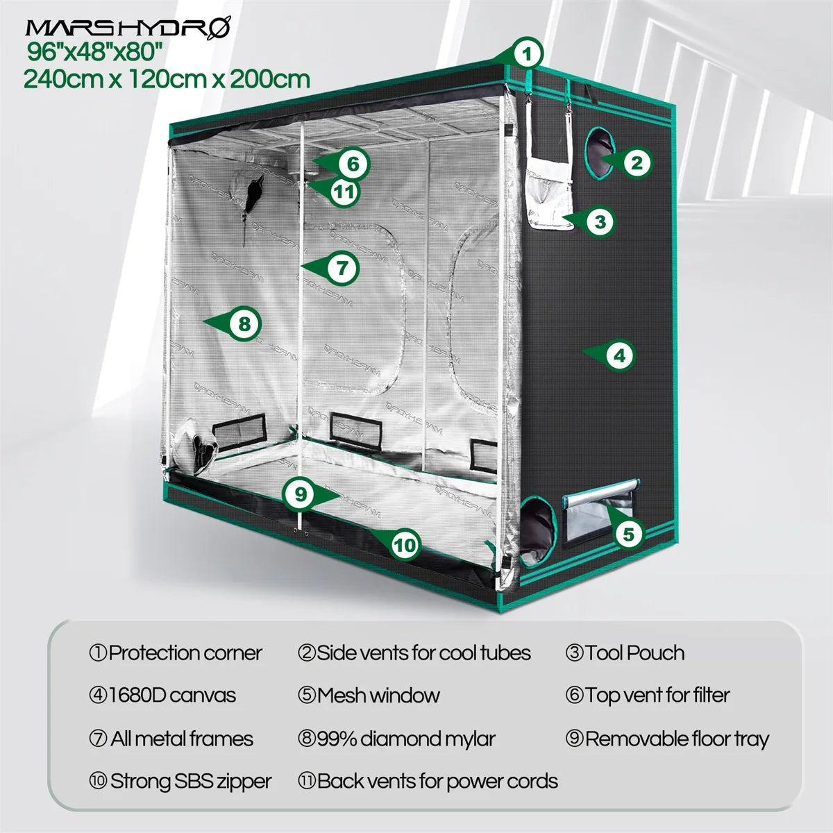 Hydro 240X120X200cm Indoor LED Grow Tent 1680D Indoor Growing  System Non-toxic plant room garden Water-proof [GAR]