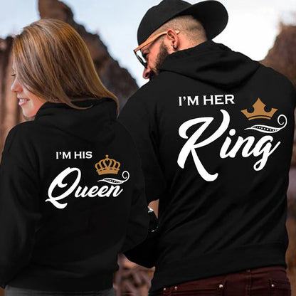 Casual King Queen Letter Women Hoody Her King His Queen Couple Hooded Print Sweatshirt [MEN]