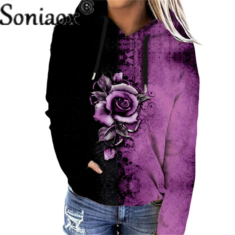 Women's Rose Printed Hooded Sweatshirts 2021 Autumn Winter New Harajuku Hoodies Ladies Casual Loose Long Sleeve Pocket Pullovers [MEN]