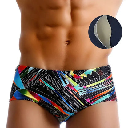 Mens Underwear Print Swim Trunks Low Waist Sexy Boxers Beachwear Shorts Men's Swim Boxers with/without Pad [GRM] [UND]